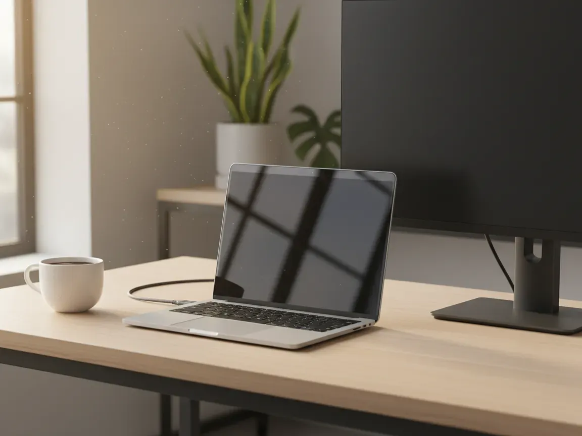 Nowoczesny laptop na minimalistycznym biurku w jasnym biurze, z kubkiem kawy, kablem USB-C i rośliną w rozmytym tle.